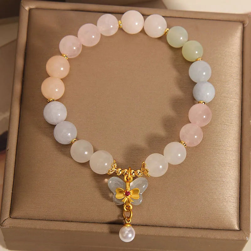 Colourful Morganite crystal bracelet with butterfly pendant for women