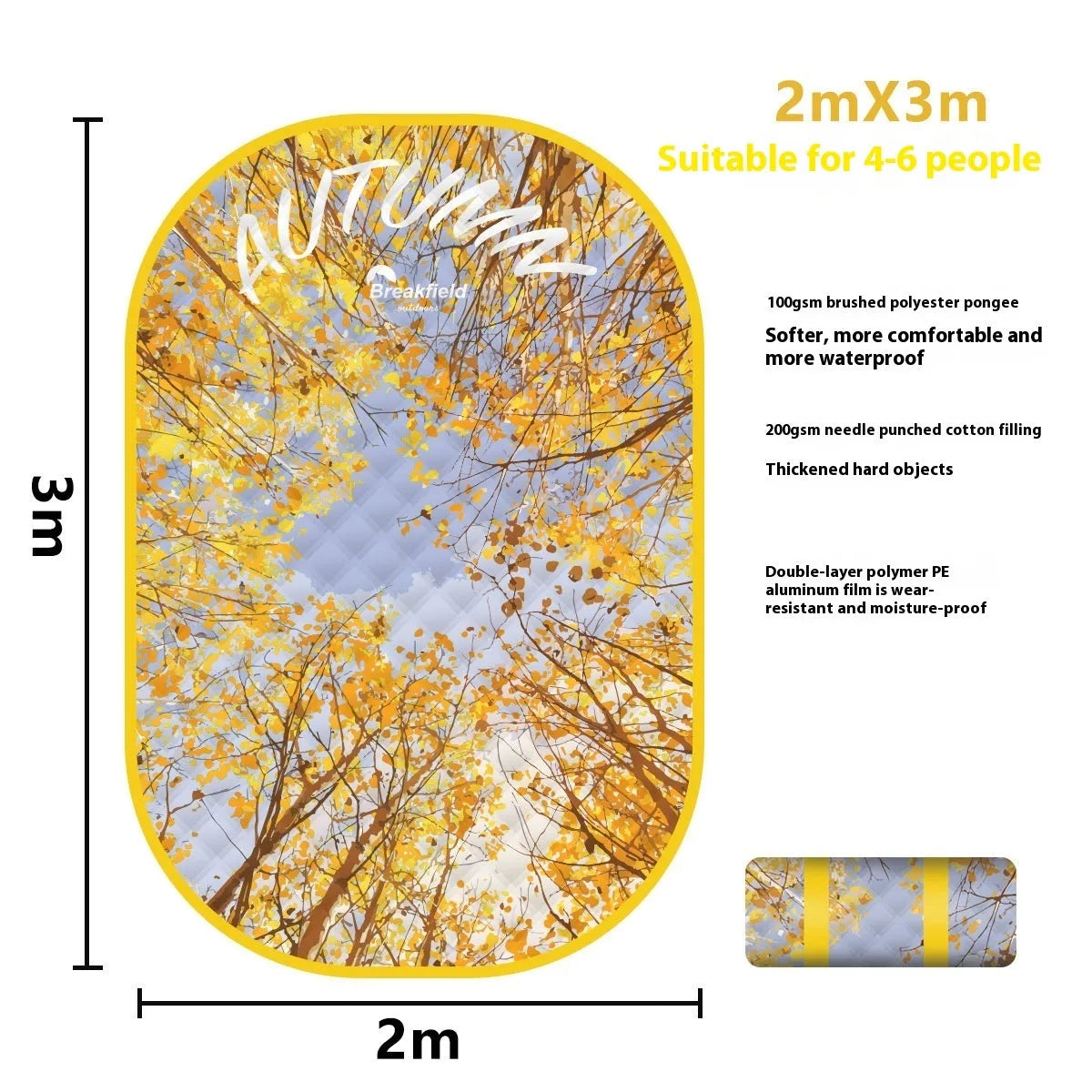 Waterproof thickened picnic mat in a Four Seasons colour, shown unrolled on grass.
