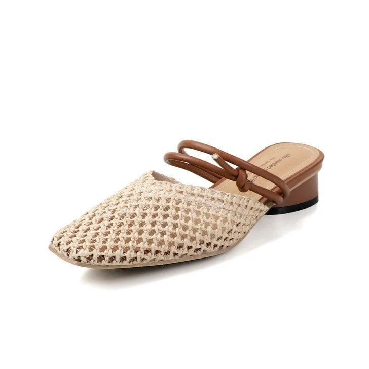 Women's French style square toe slippers with chunky heel in black, white and brown colour options