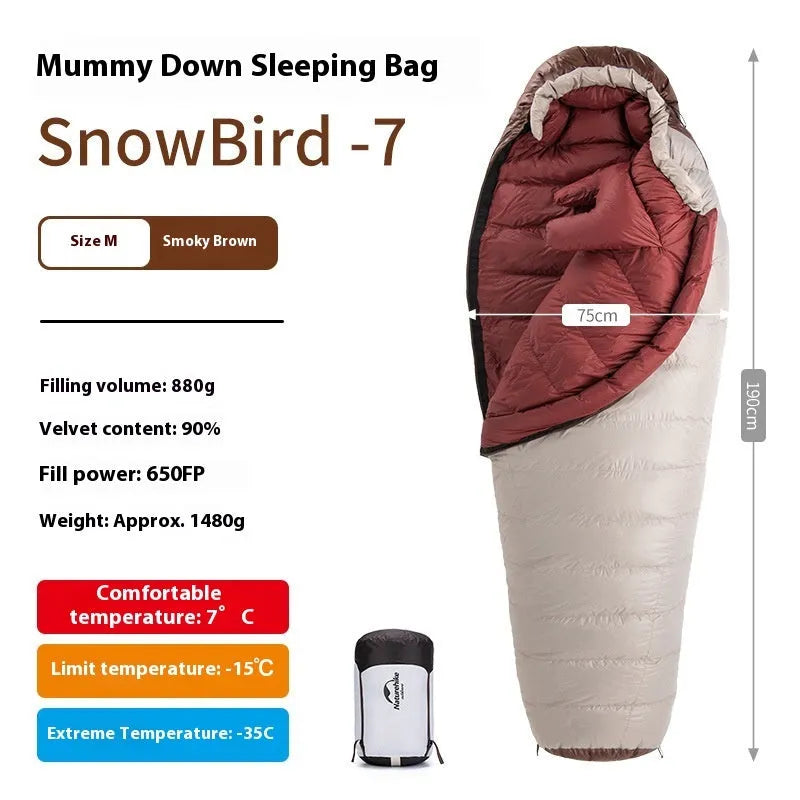 Goose down mummy sleeping bag with storage bag, shown in a neutral colour for adult outdoor use