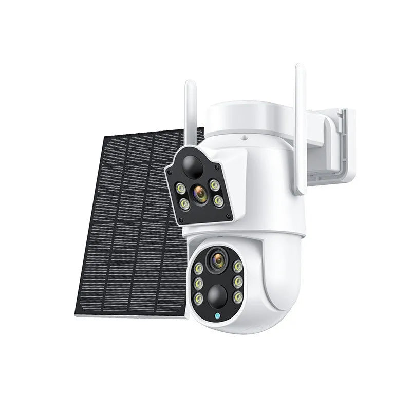 Outdoor white solar-powered WiFi security camera with attached solar panel on wall mount.