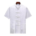 Men's traditional Chinese Tang suit in mulberry silk, available in light green, navy blue, and white.