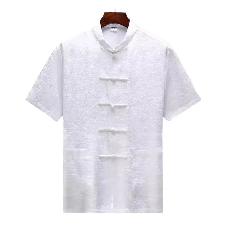 Men's traditional Chinese Tang suit in mulberry silk, available in light green, navy blue, and white.