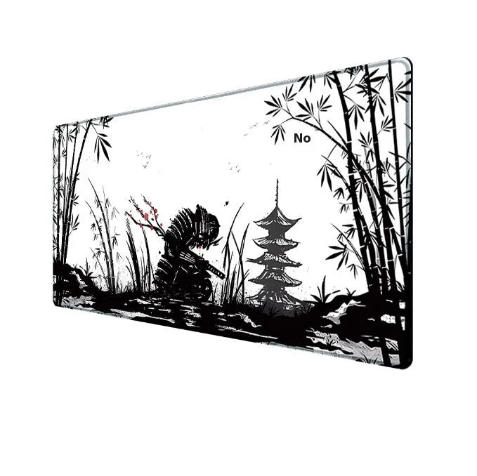 Japanese samurai design cloth gaming mouse pad on a desk, showing non-slip base and thermal transfer print detail.
