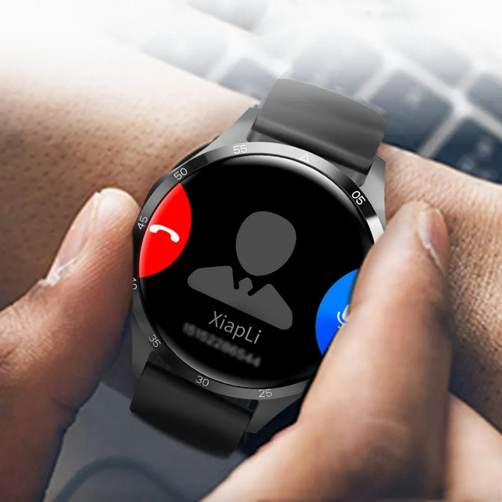 Black Bluetooth smartwatch with TFT touchscreen display showing health metrics
