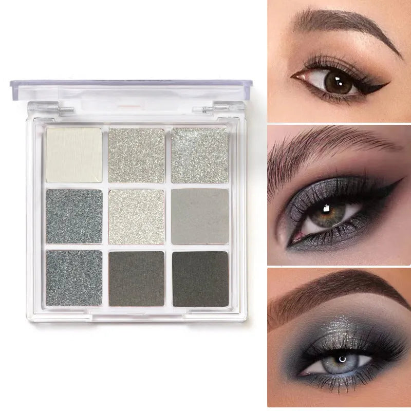 Smoked design nine-colour eyeshadow palette showing shades of white, silver, black, and iron grey.