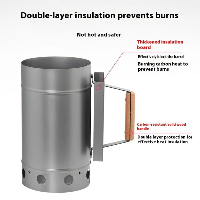 Zinc-iron alloy point carbon barrel style outdoor charcoal fire starter igniter.