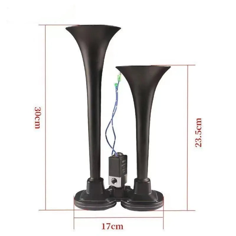 Black dual trumpet 300DB super loud air horn kit with compressor for 12V and 24V vehicles