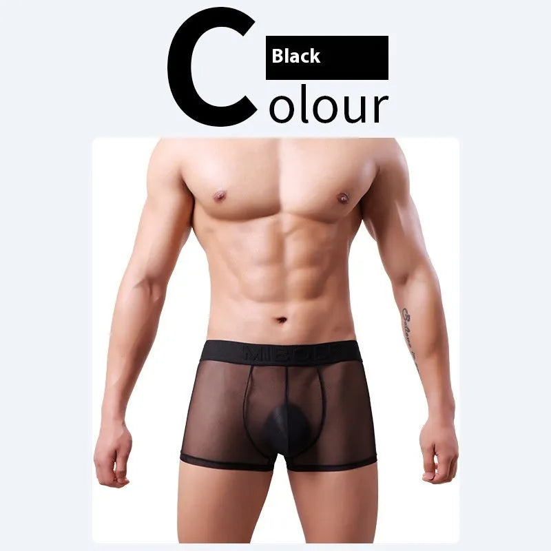 Men's thin polyester boxer shorts in six solid colours on a white background.