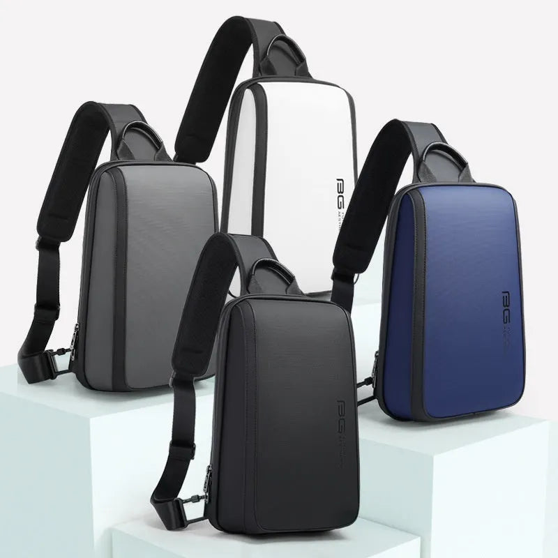 Blue Oxford cloth men's messenger bag with shoulder straps and a top handle, shown with dimensions 33x21x10cm.