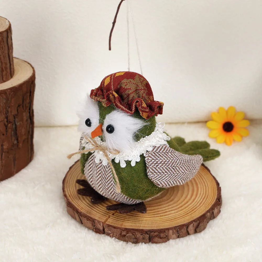Green fabric owl harvest bird pendant ornament with hanging loop for Thanksgiving decor