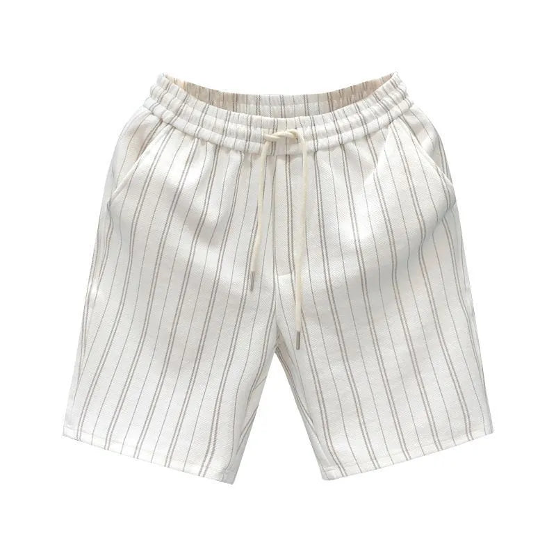 Men's black and white striped casual shorts with elastic waistband, shown on a hanger.