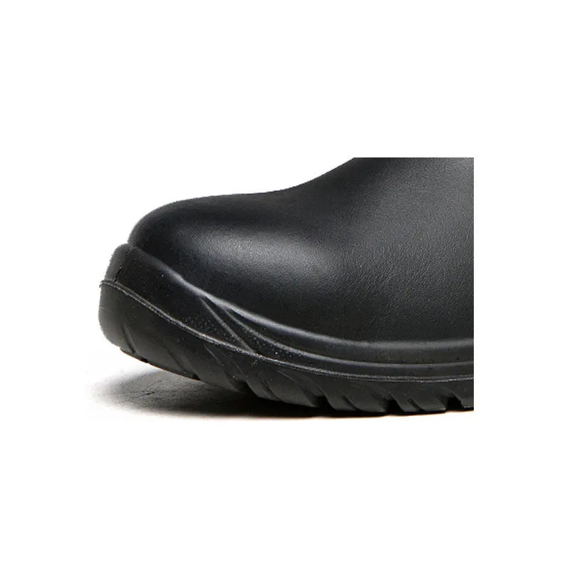 Black leather safety work boots with high-top design and anti-piercing sole protection