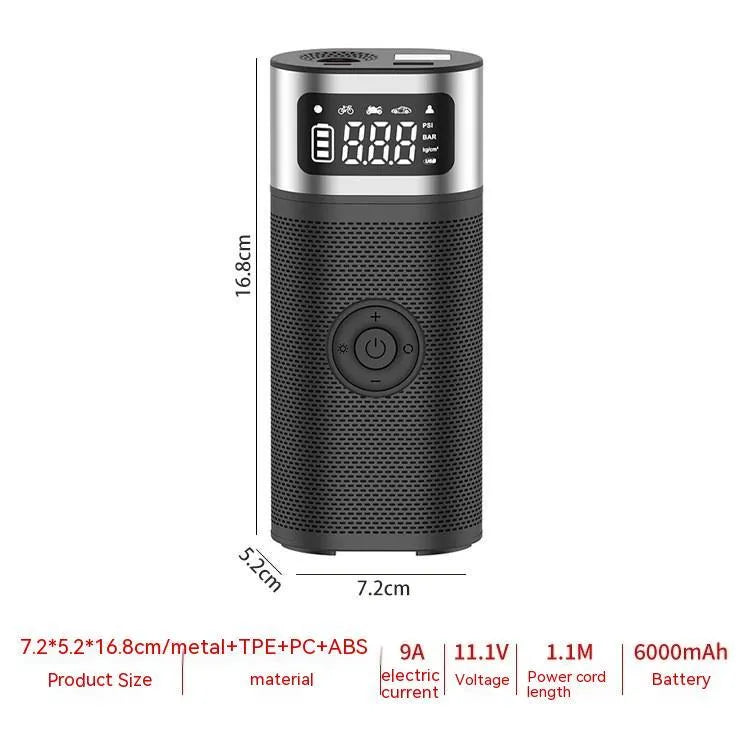 Black portable wireless smart air pump with USB cable, 15cm tube, and nozzle accessories on a grey background.