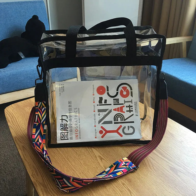 Women's transparent PVC messenger bag with crossbody strap and three-dimensional front pocket.