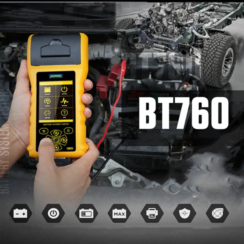 Autool BT760 vehicle battery tester with colour screen, clips, and thermal printer.