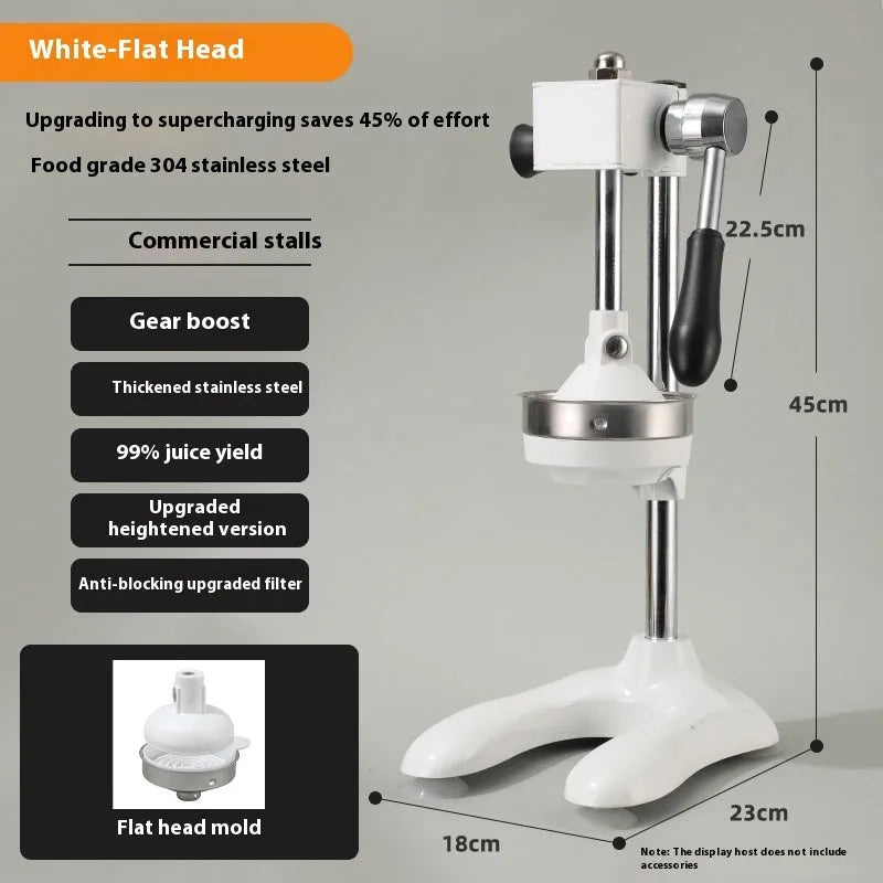 Vertical stainless steel manual juicer with zinc alloy base in choice of colours with pointed, flat or double head options
