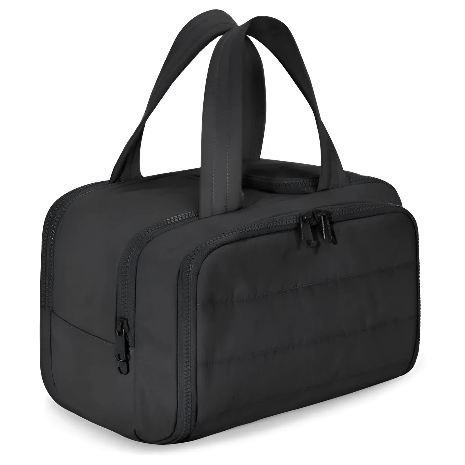 Large open-top travel toiletry bag in black polyester with fluffy texture, showing ample storage space.