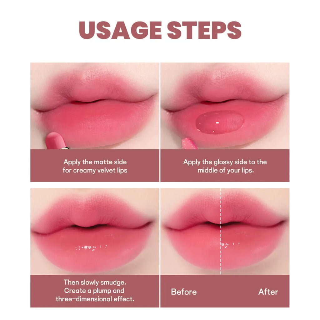 Double-headed lipstick and lip gloss set showing matte finish, available in ten different colour options.