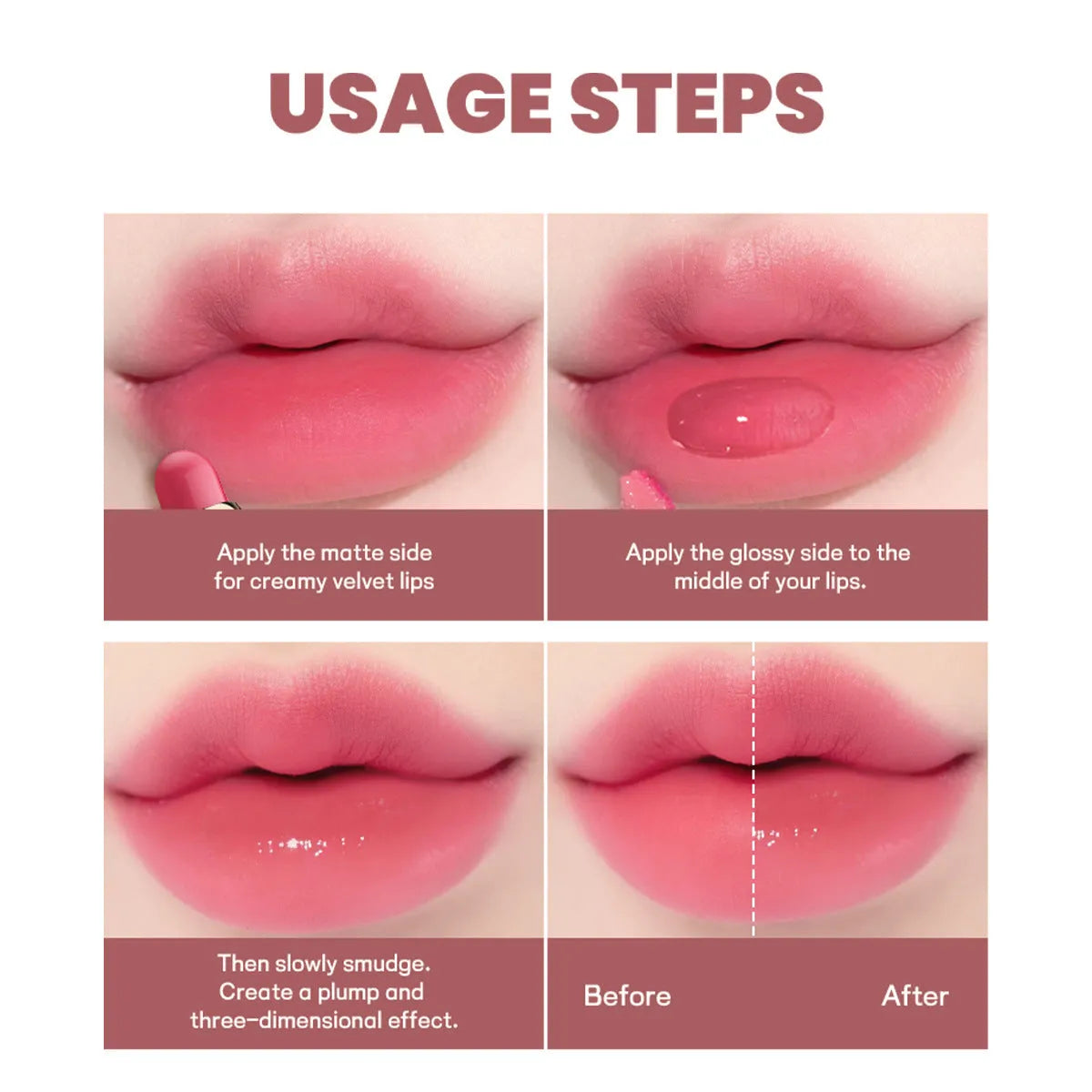 Double-headed lipstick and lip gloss set showing matte finish, available in ten different colour options.
