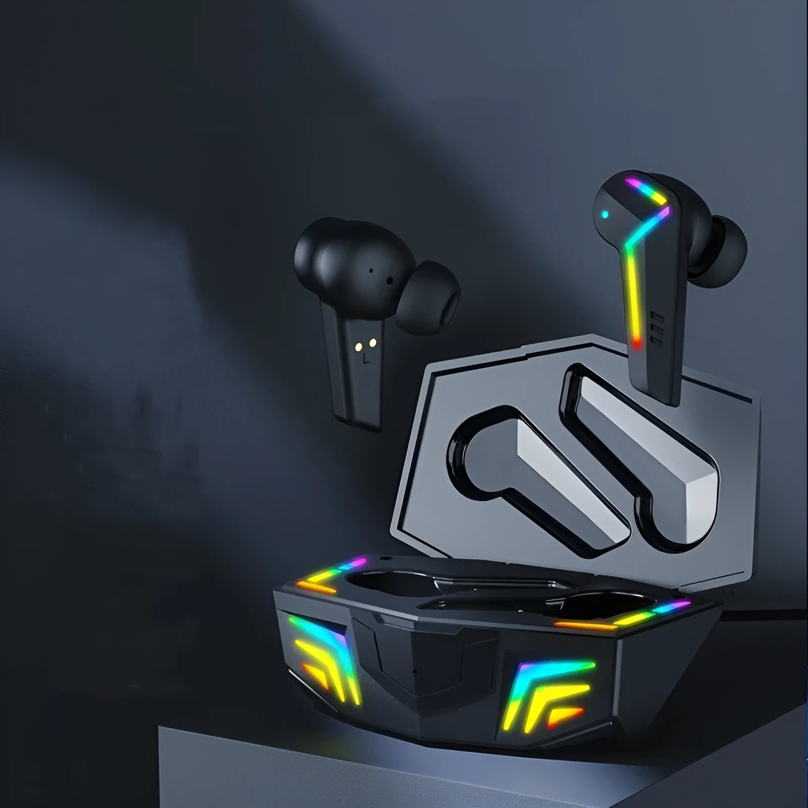 Black wireless TWS earbuds with earplug-style design for sports and gaming use