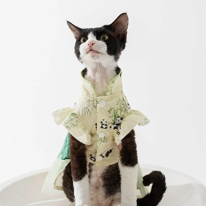 Chinese style panda bamboo leaf cat skirt for hairless cats, woven fabric, tassel dress style