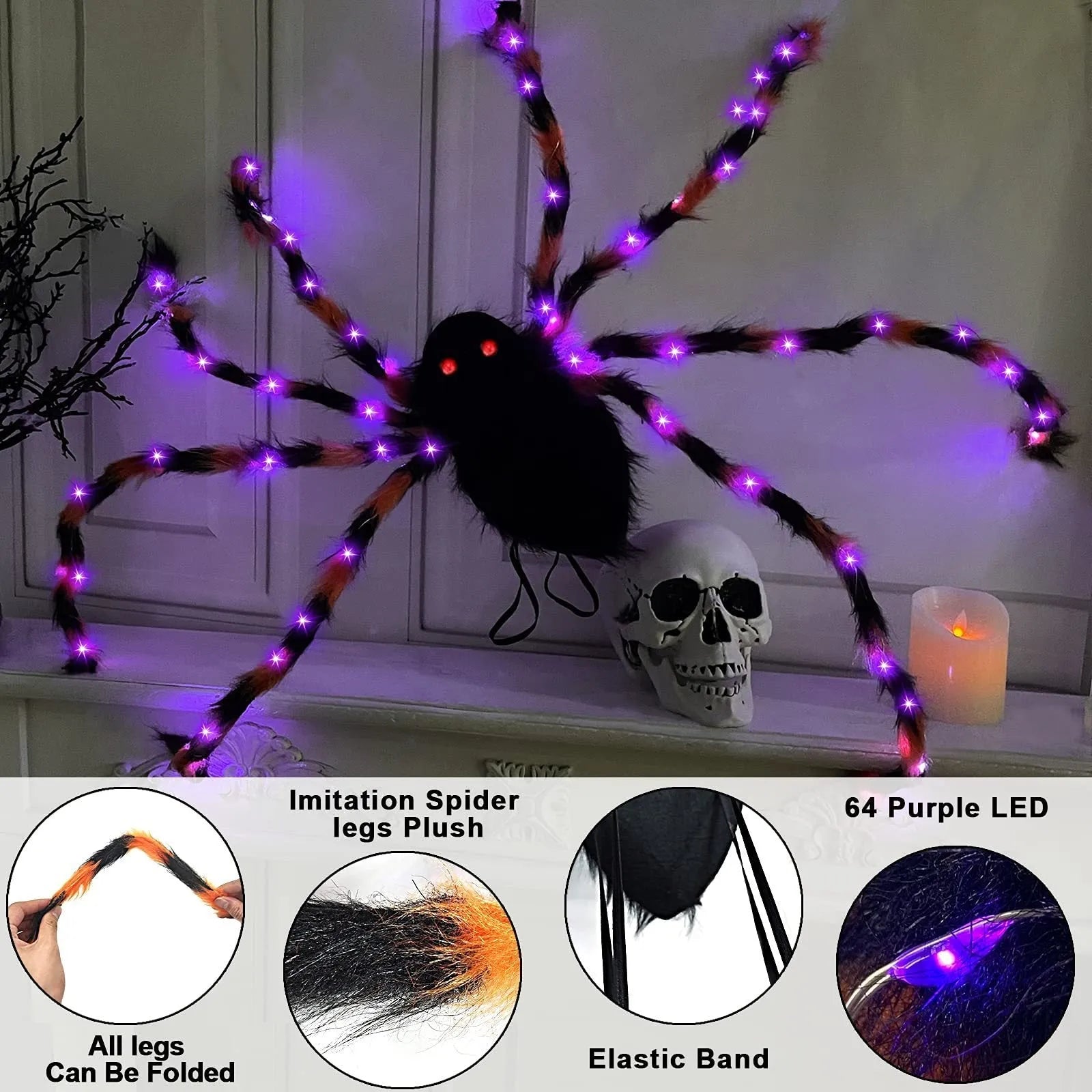 Halloween spider backpack with LED lights in plush sugar bag design showing orange colour option