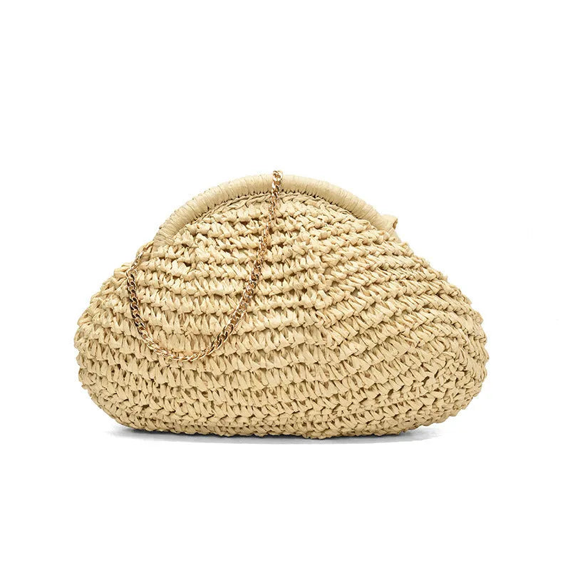 Shell-shaped straw shoulder bag for women with chain accents and polyester lining