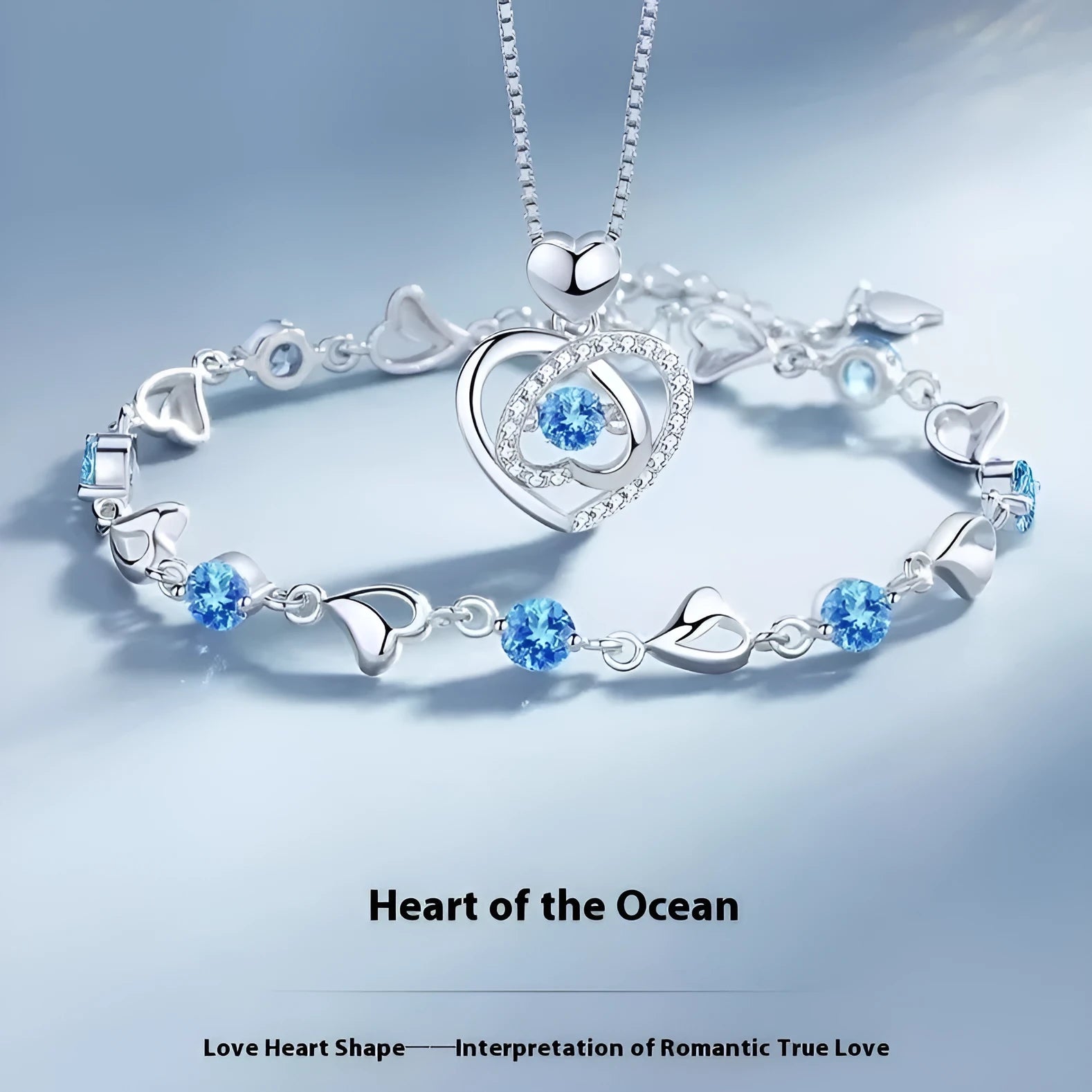 Blue diamond heart pendant necklace and bracelet set with mixed gem inlays on copper chain