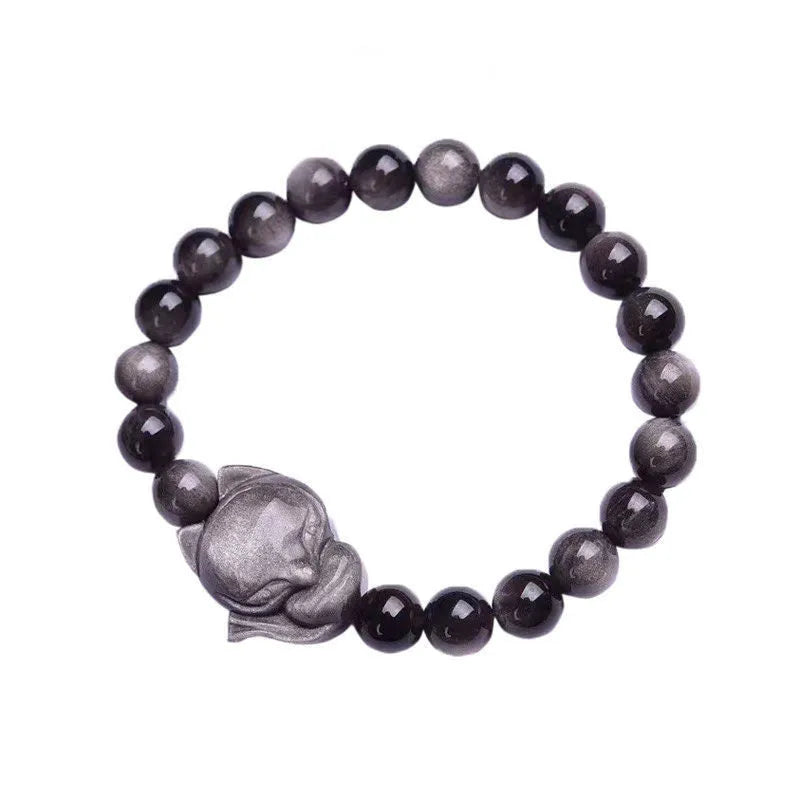 Obsidian fox single ring bracelet with 8mm polished black bead and silver fox charm