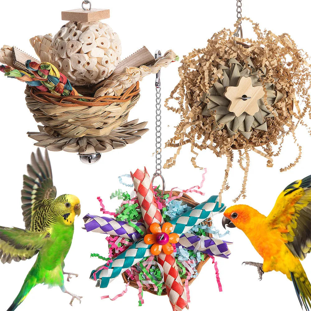Three different weighted parrot chewing blocks for gnawing and beak maintenance