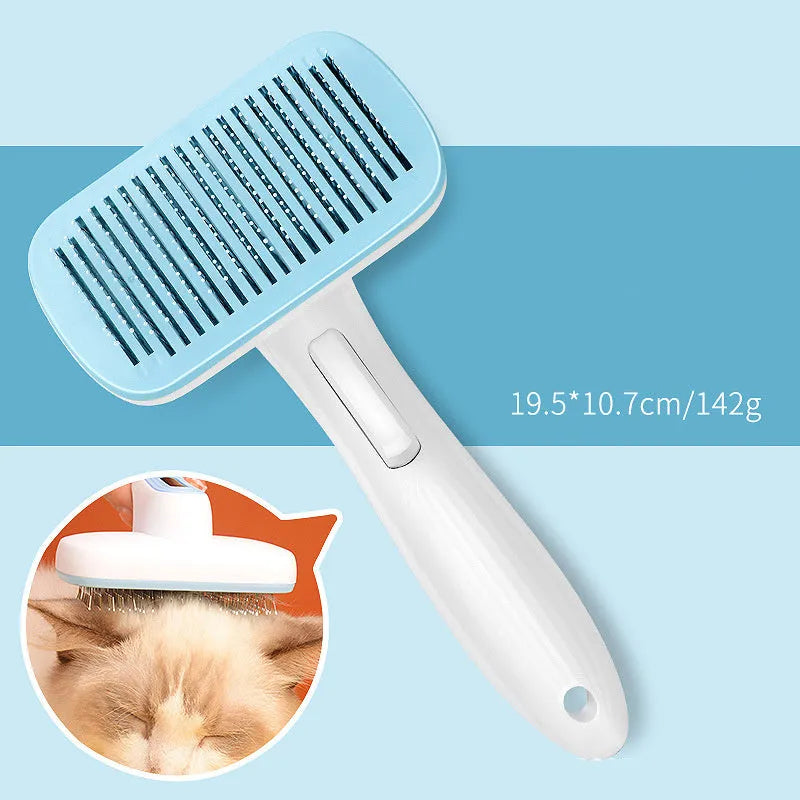 Blue automatic pet hair removal comb for dogs and cats on a table.