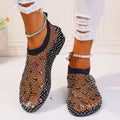 Women's flat sandals with mesh upper and colourful rhinestone design, round toe summer beach shoes