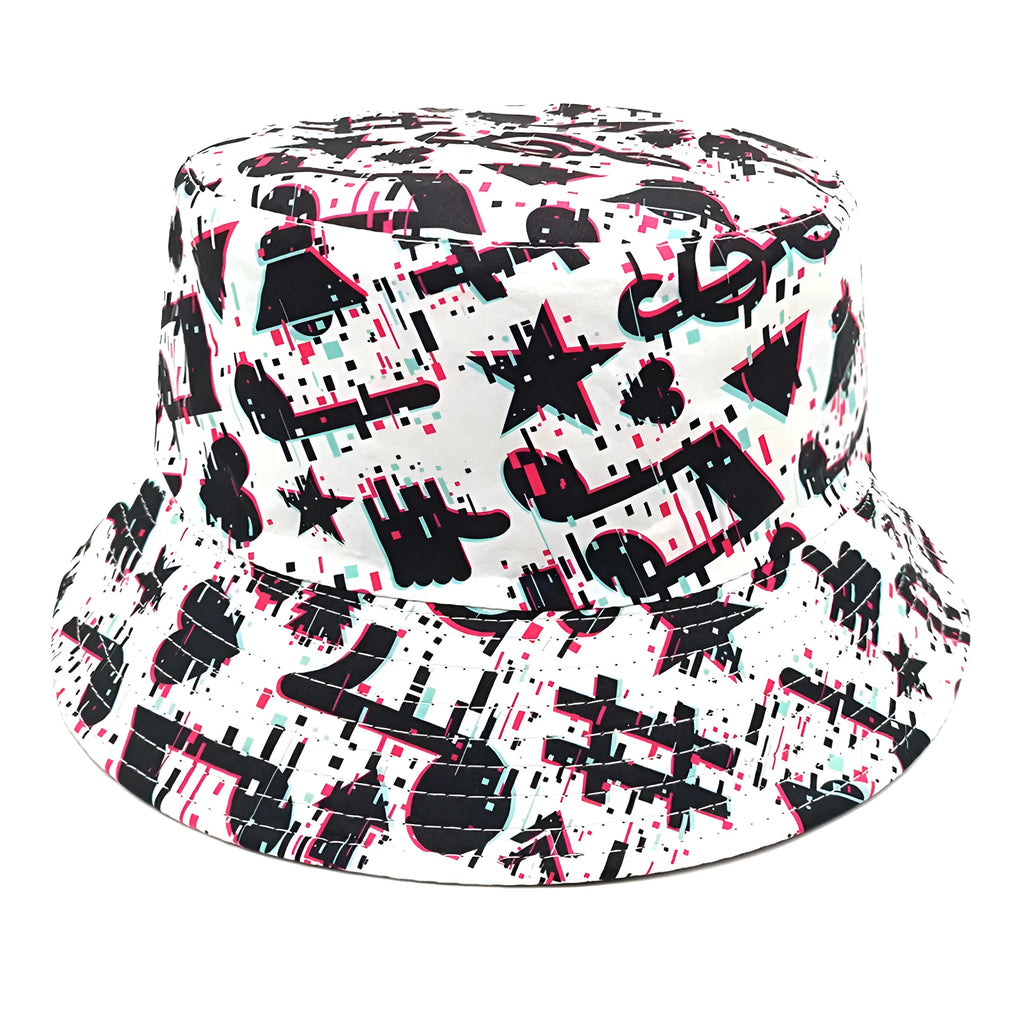 Retro bucket hat with white musical note print on a dark background, showing dome crown.