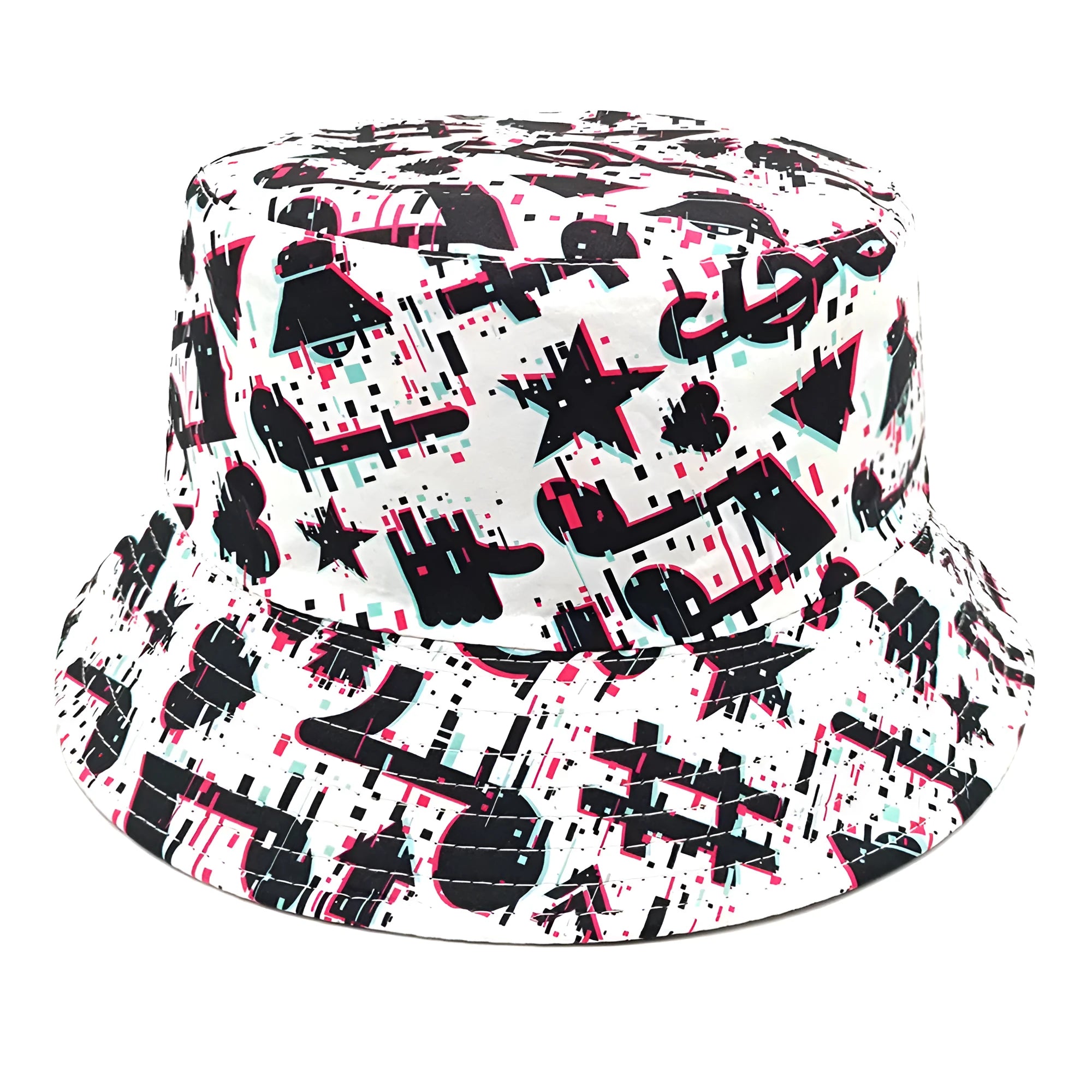 Retro bucket hat with white musical note print on a dark background, showing dome crown.
