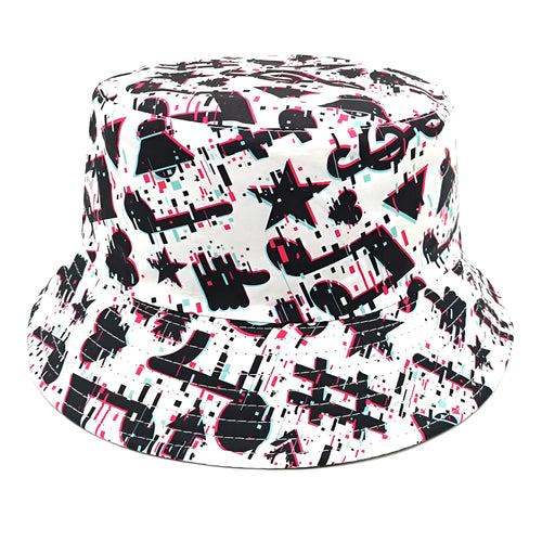 Retro bucket hat with white musical note print on a dark background, showing dome crown.