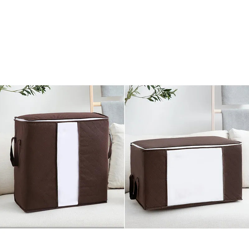 Non-woven handbag-style storage organiser for quilts and clothes in a beige colour.