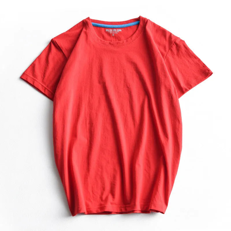 Men's solid colour cotton round neck t-shirt on hanger showing short sleeve design