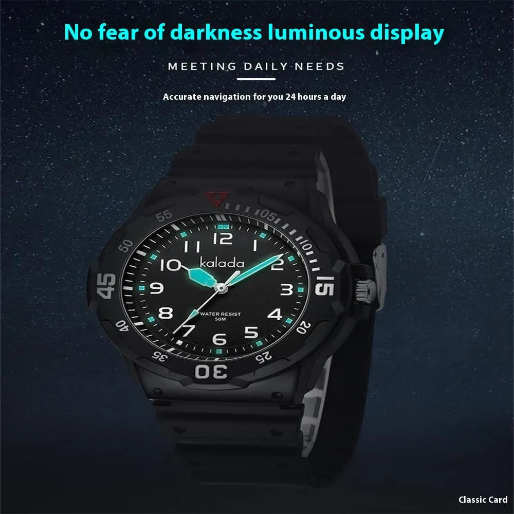 Men's sports luminous pointer quartz watch with black dial and sports bracelet
