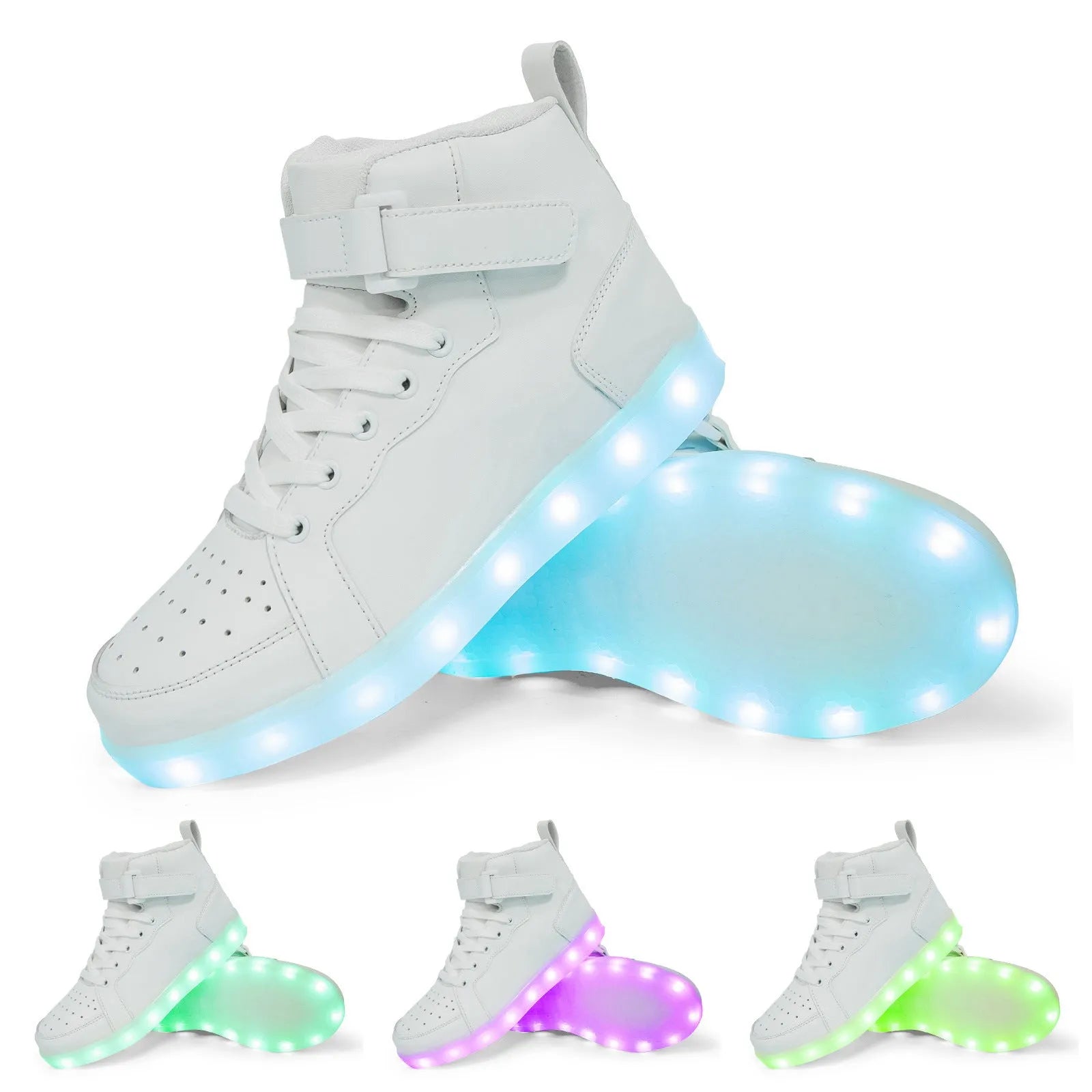 Man and woman wearing black and white high-top LED light-up sneakers with illuminated soles at an event.