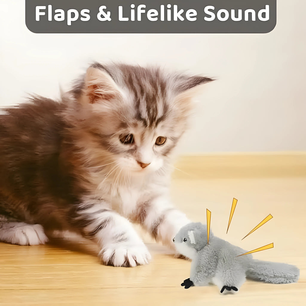 Gray flapping squirrel cat toy with motion sensor and USB charging cable