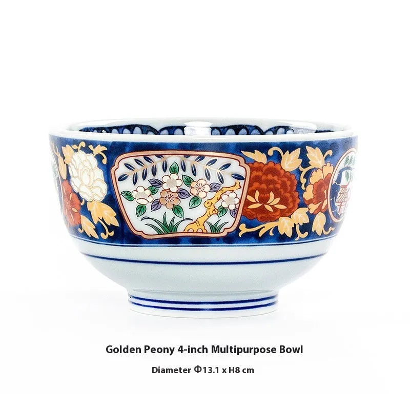 Retro Japanese style porcelain bowls with peony patterns in gold and yellow colours