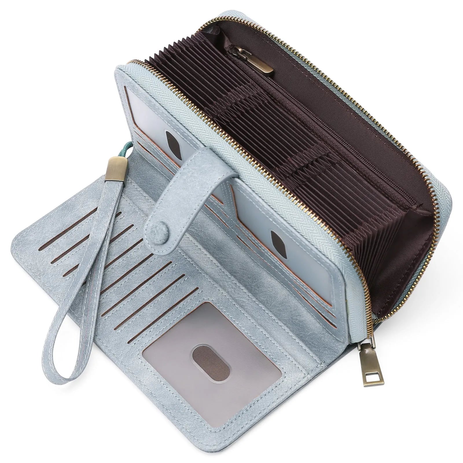 Women's expanding long wallet in denim blue showing card slots and passport pocket with anti-theft swiping feature