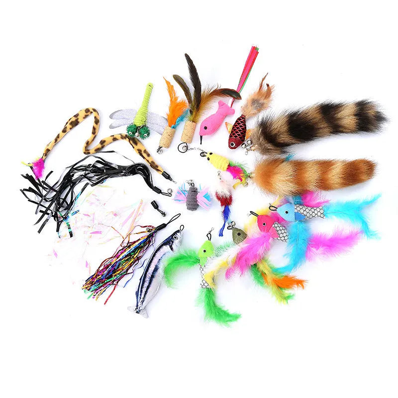 Cat teasing pole toy set showing two handheld fishing rod wands and assorted feather replacement heads.