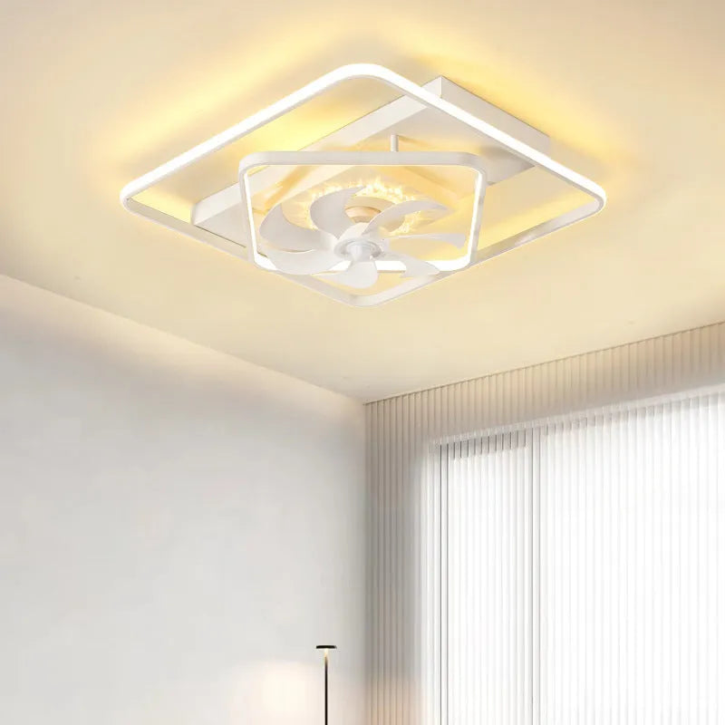 Modern style white ceiling fan with light, plastic blades and acrylic shade, shown mounted on a ceiling.