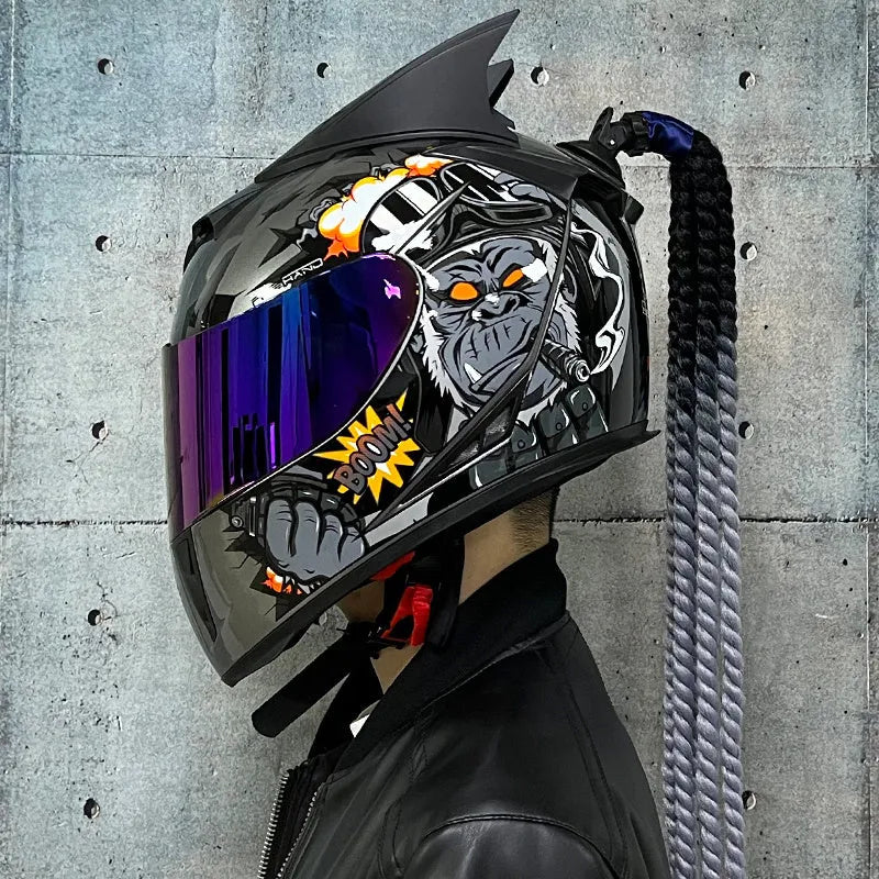 Dirty Braids graphic design full face motorcycle helmet on a white background.