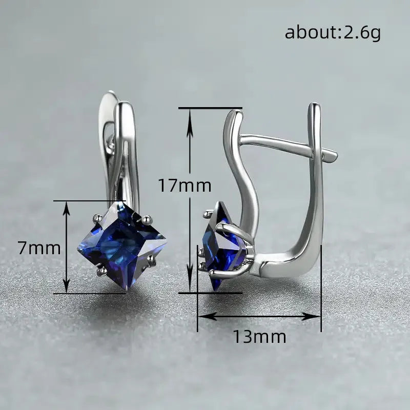 Copper women's earrings with diamond design and zircon inlay in blue, green, and colour options