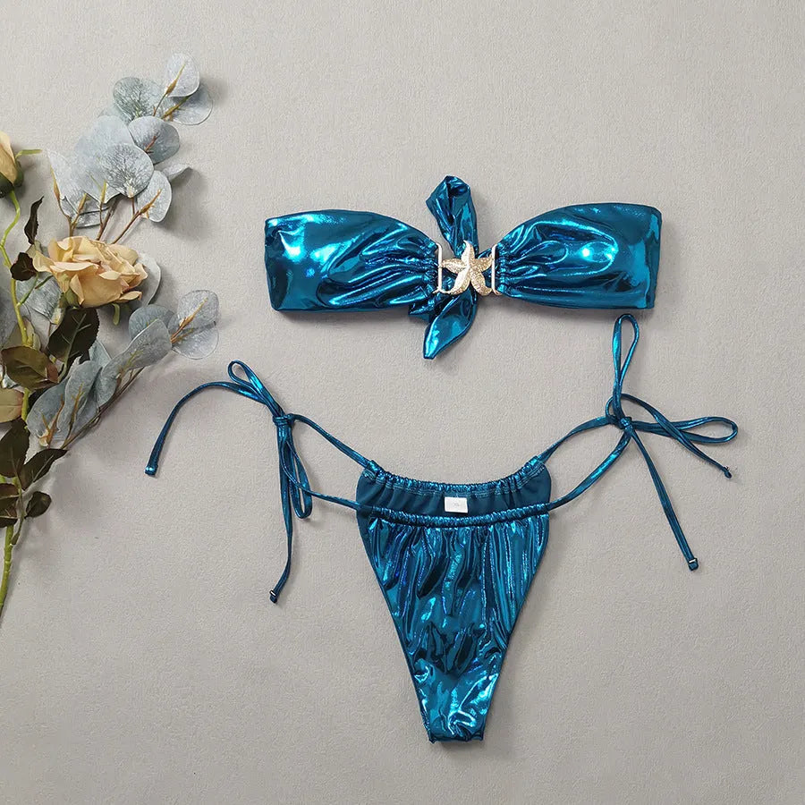 Glossy sapphire blue women's tube top bikini with a gold starfish decoration on the briefs.