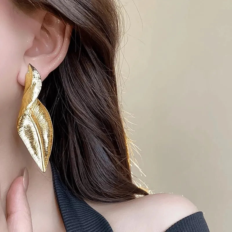 Pair of alloy vintage leaves earrings with retro finish sweet and cool style