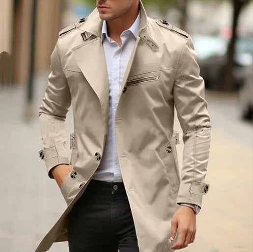 Plus size men's mid-length casual lapel jacket in army green, shown on a model.